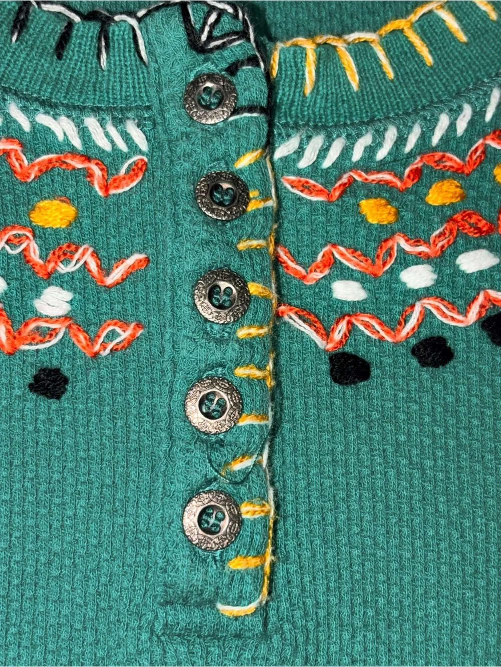 Free People Henley Waffle Thermal embroidery long sleeve top Emerald Green